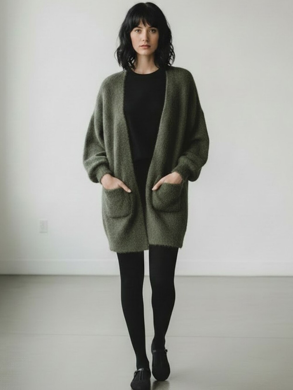 Sioni Open Front Pocket Cardigan, Olive Green